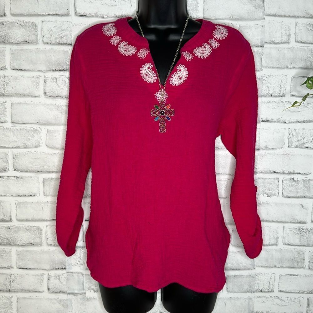 Ruby Rd Boho Top, Red With White Cruelwork Detail… - image 1